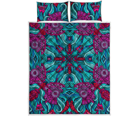 Ethnic Teal Bohemian Pattern Print Quilt Bed Set