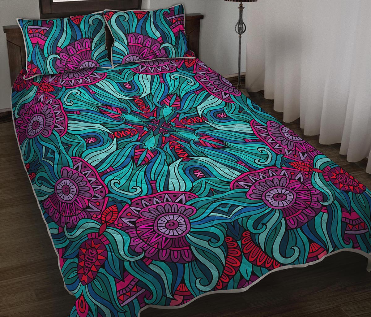 Ethnic Teal Bohemian Pattern Print Quilt Bed Set