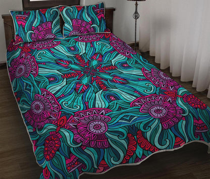 Ethnic Teal Bohemian Pattern Print Quilt Bed Set