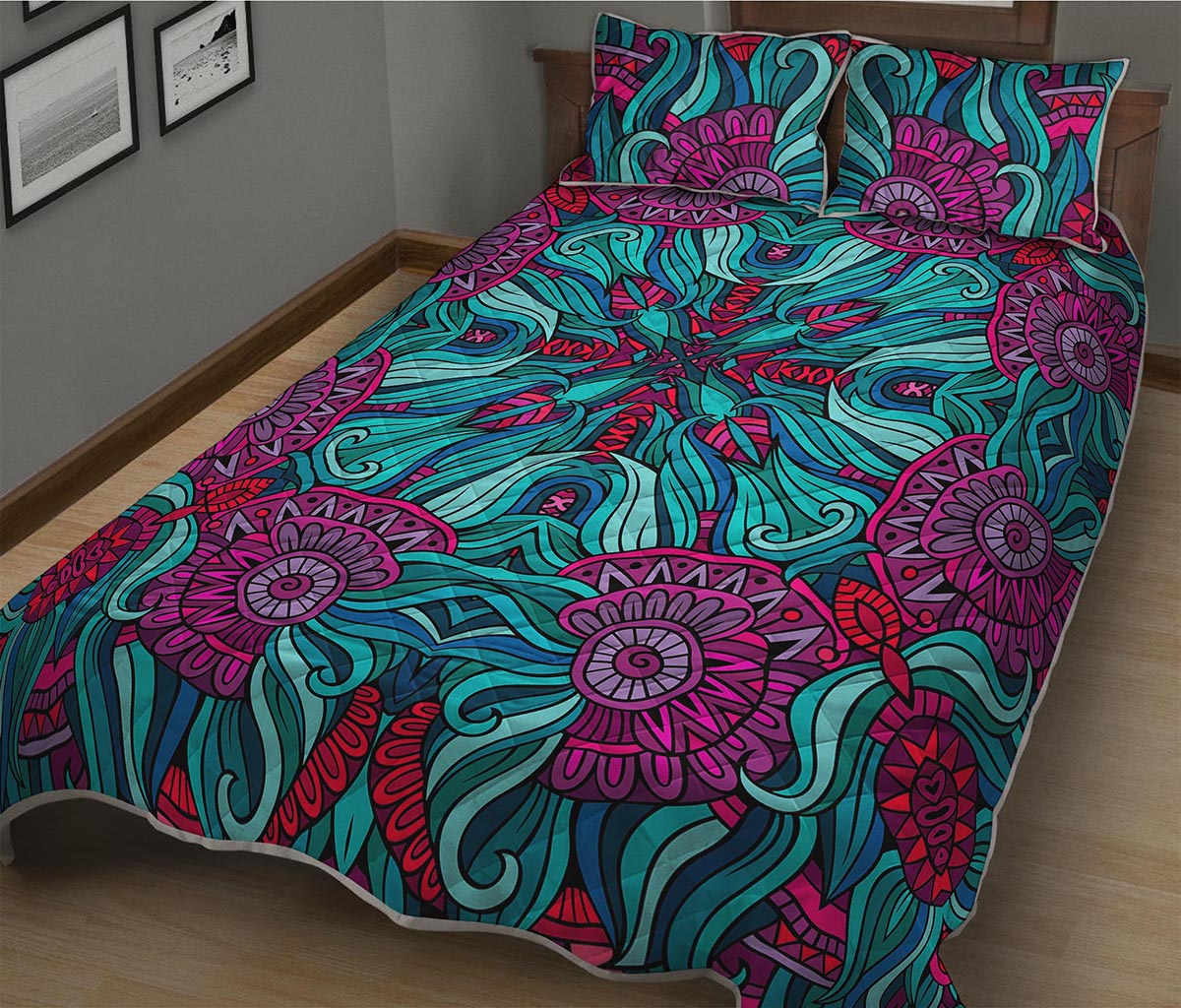 Ethnic Teal Bohemian Pattern Print Quilt Bed Set