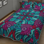 Ethnic Teal Bohemian Pattern Print Quilt Bed Set