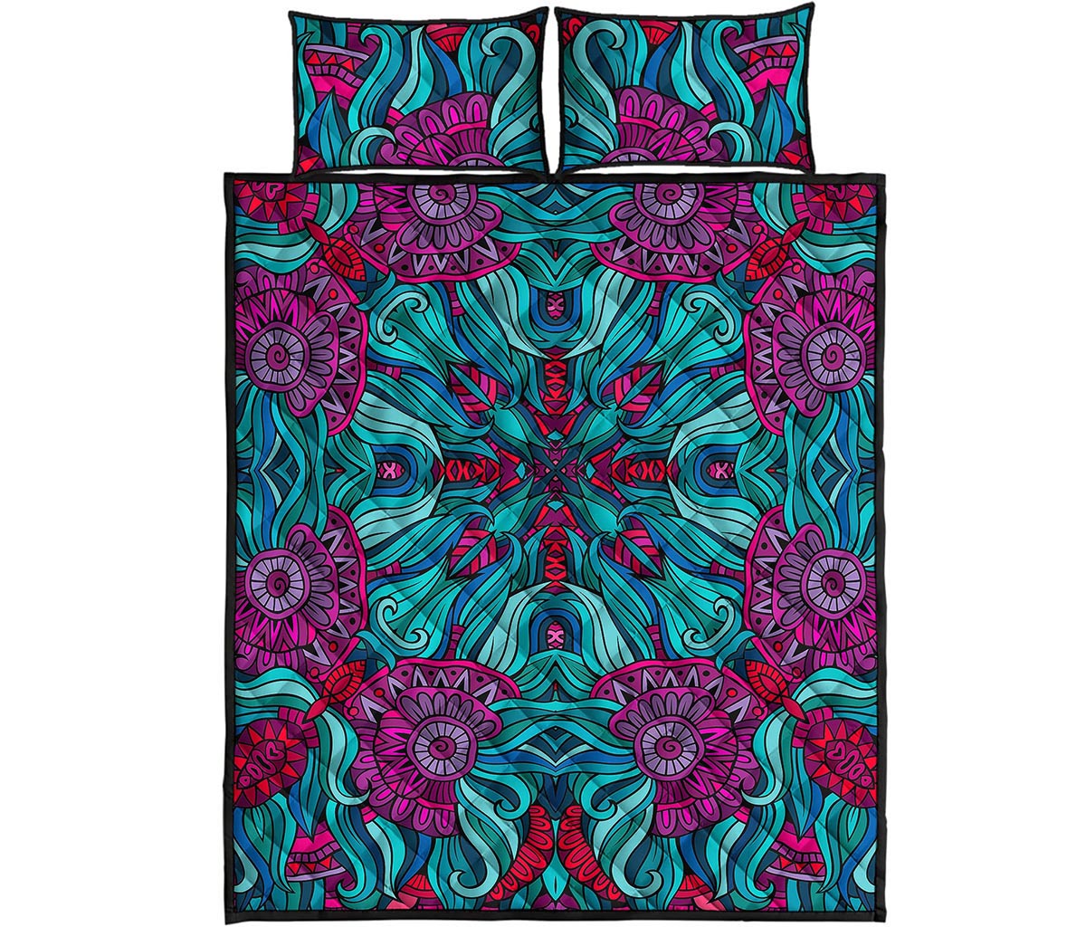 Ethnic Teal Bohemian Pattern Print Quilt Bed Set