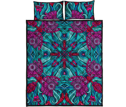 Ethnic Teal Bohemian Pattern Print Quilt Bed Set
