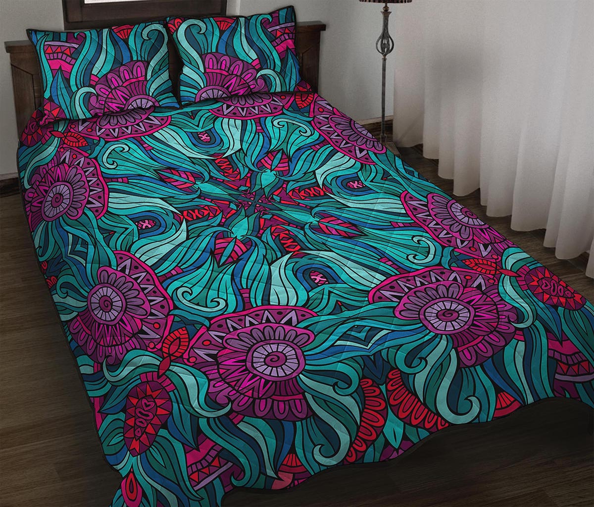 Ethnic Teal Bohemian Pattern Print Quilt Bed Set