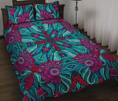 Ethnic Teal Bohemian Pattern Print Quilt Bed Set