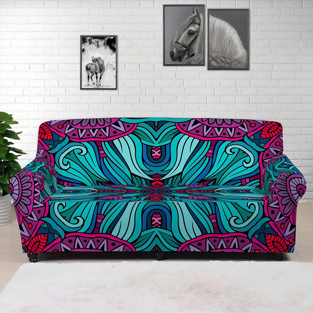 Ethnic Teal Bohemian Pattern Print Sofa Cover