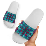 Ethnic Teal Bohemian Pattern Print White Slide Sandals