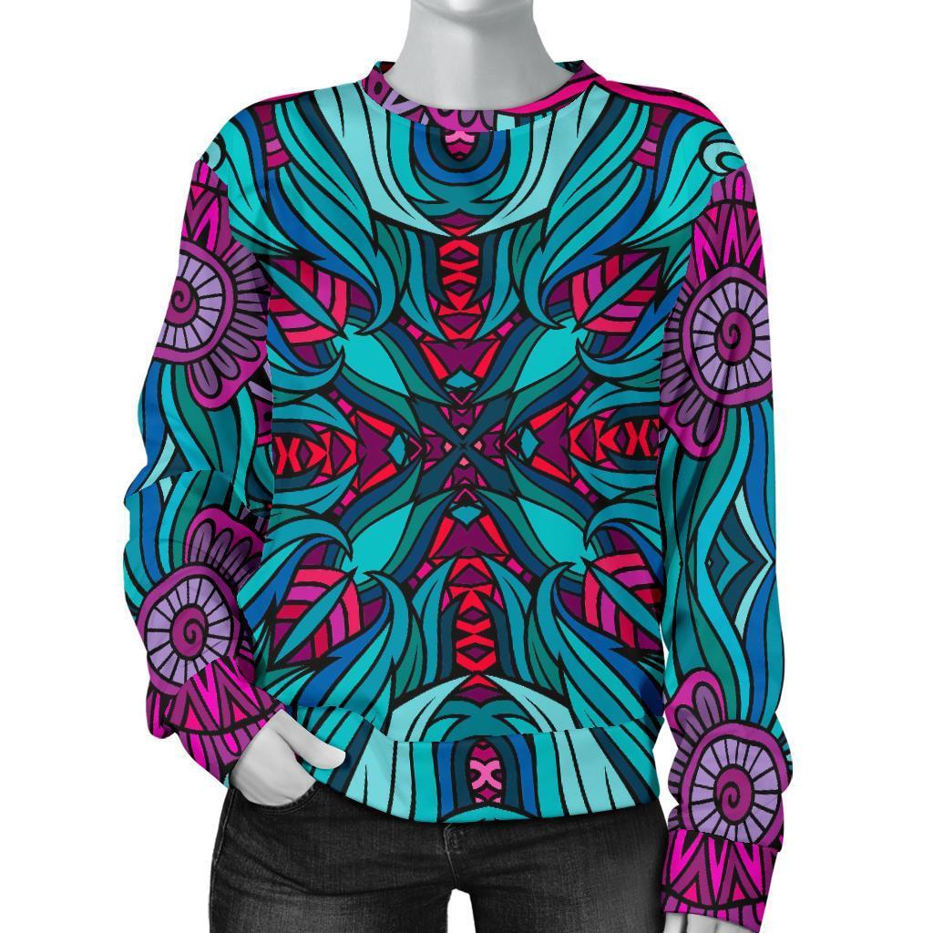 Ethnic Teal Bohemian Pattern Print Women's Crewneck Sweatshirt GearFrost