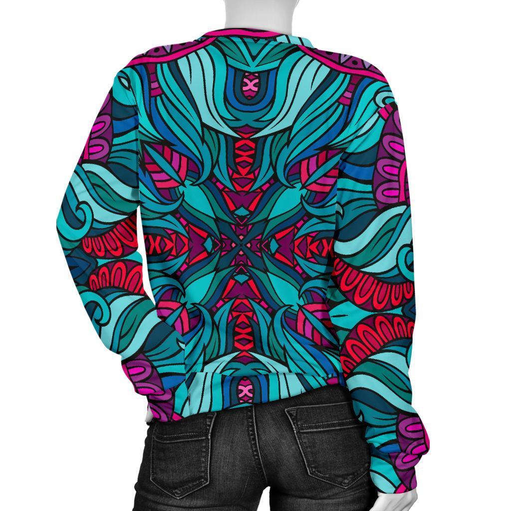 Ethnic Teal Bohemian Pattern Print Women's Crewneck Sweatshirt GearFrost