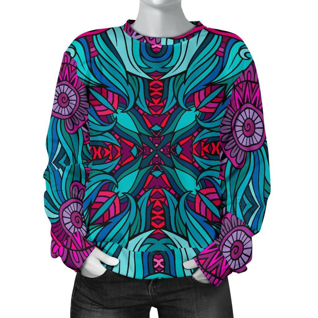 Ethnic Teal Bohemian Pattern Print Women's Crewneck Sweatshirt GearFrost