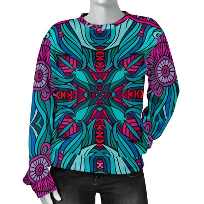 Ethnic Teal Bohemian Pattern Print Women's Crewneck Sweatshirt GearFrost