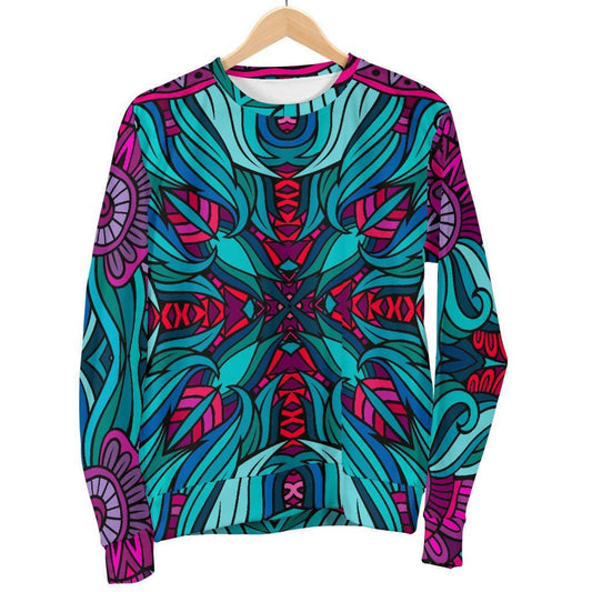 Ethnic Teal Bohemian Pattern Print Women's Crewneck Sweatshirt GearFrost