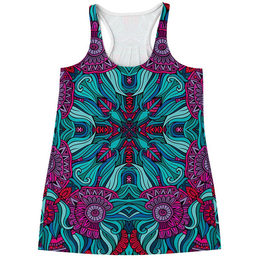 Ethnic Teal Bohemian Pattern Print Women's Racerback Tank Top