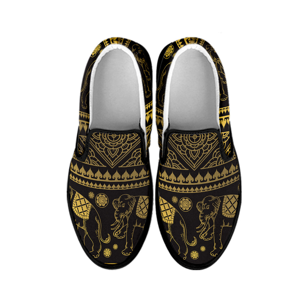 Ethnic Thai Elephant Pattern Print Black Slip On Shoes