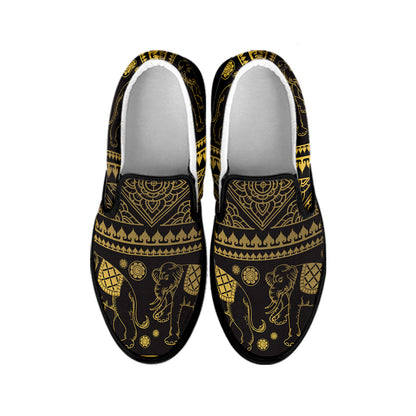 Ethnic Thai Elephant Pattern Print Black Slip On Shoes