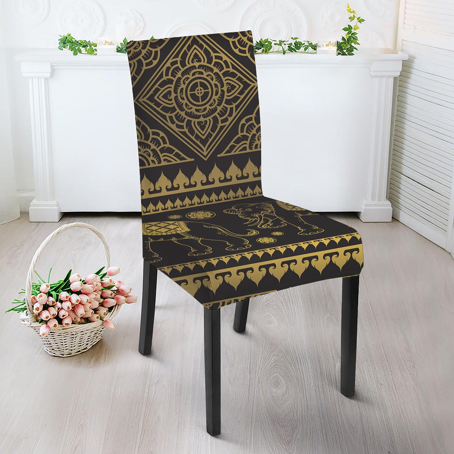 Ethnic Thai Elephant Pattern Print Dining Chair Slipcover