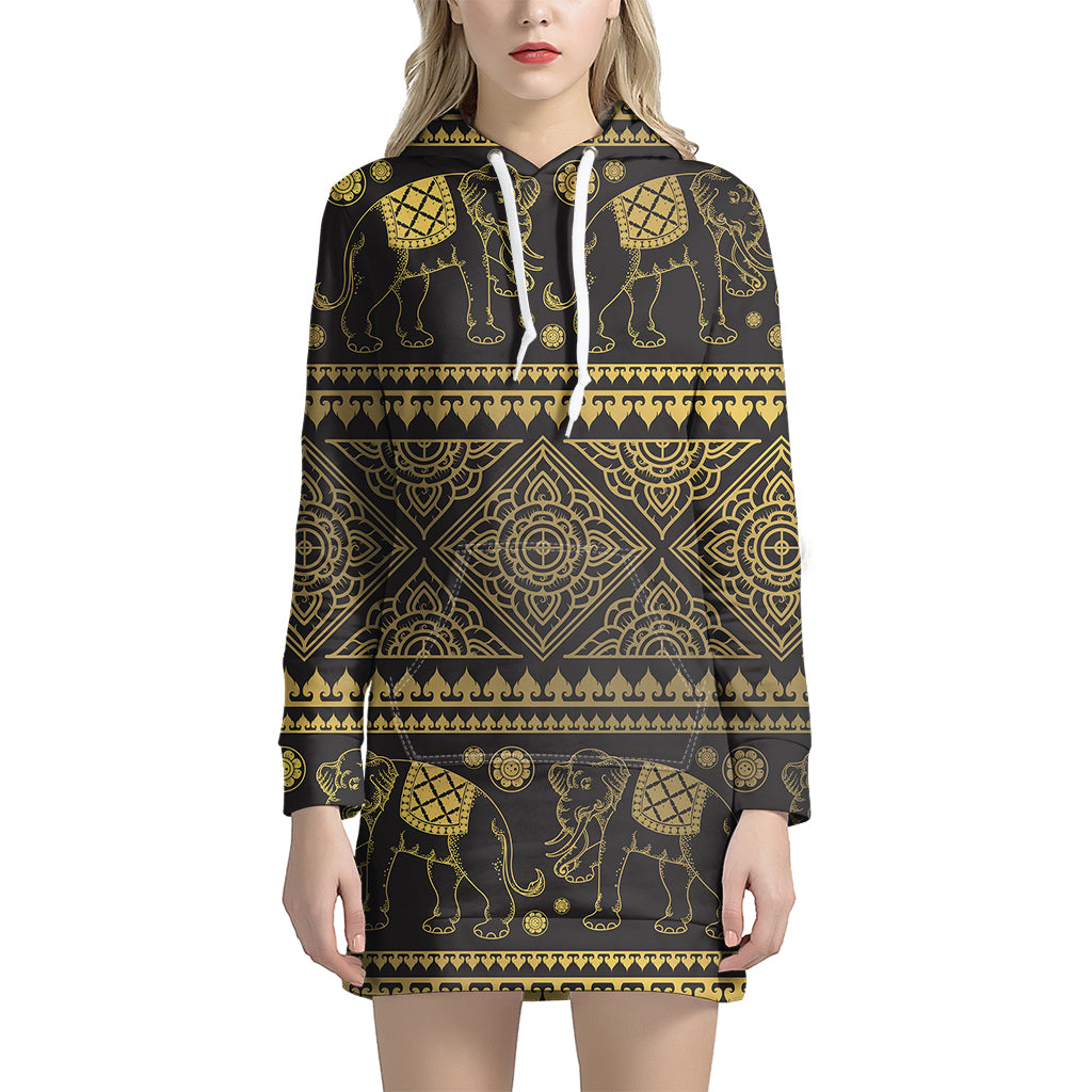 Ethnic Thai Elephant Pattern Print Hoodie Dress