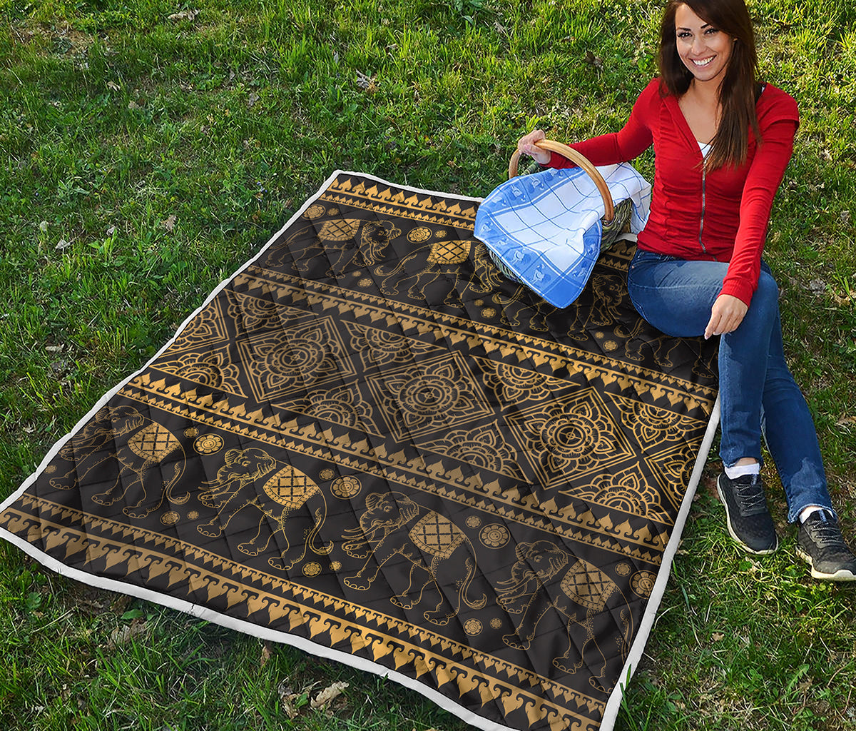 Ethnic Thai Elephant Pattern Print Quilt