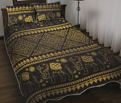 Ethnic Thai Elephant Pattern Print Quilt Bed Set