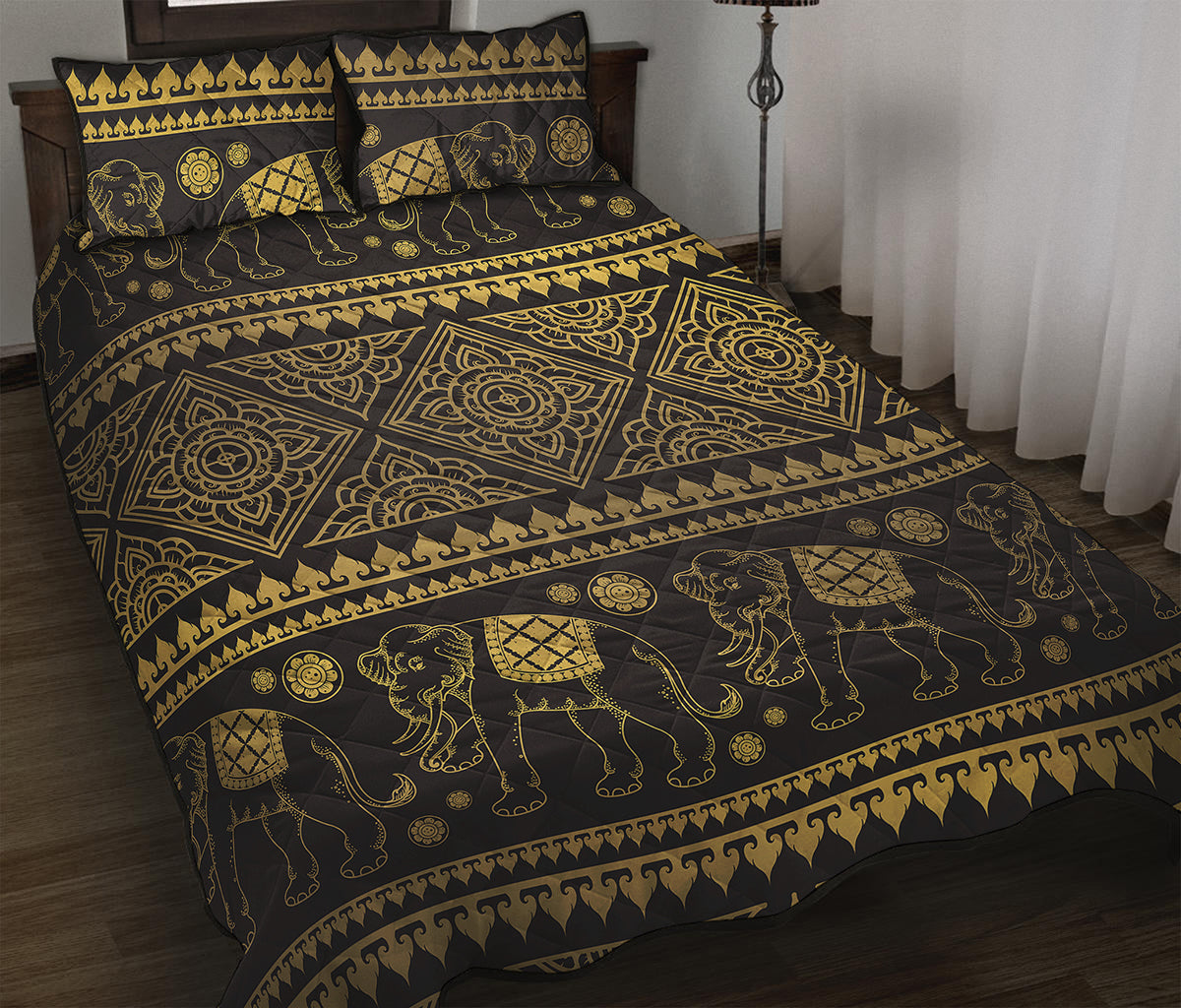 Ethnic Thai Elephant Pattern Print Quilt Bed Set