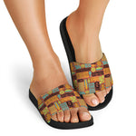 Ethnic Tiki Pattern Print Black Slide Sandals