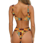 Ethnic Tiki Pattern Print Front Bow Tie Bikini