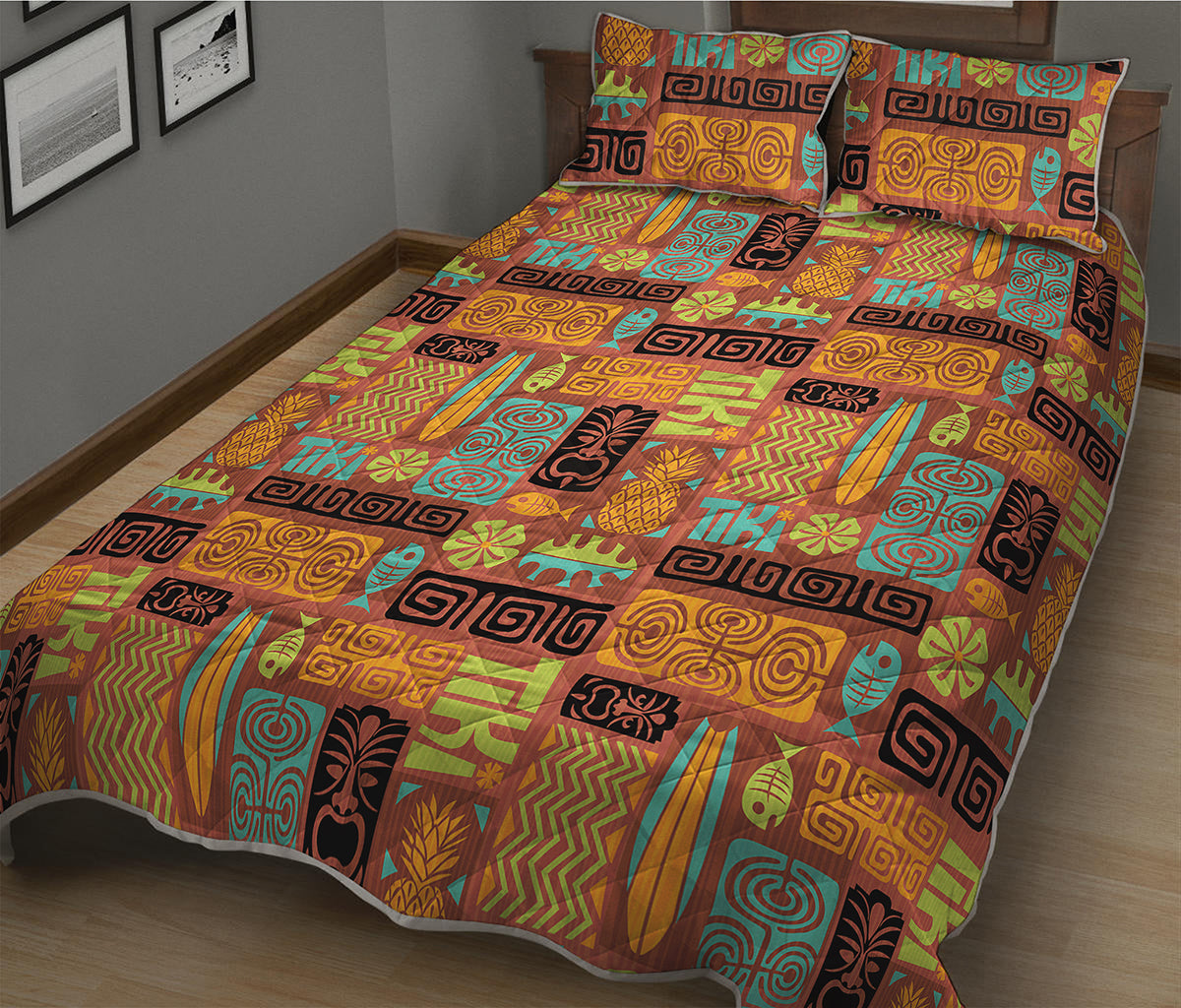 Ethnic Tiki Pattern Print Quilt Bed Set