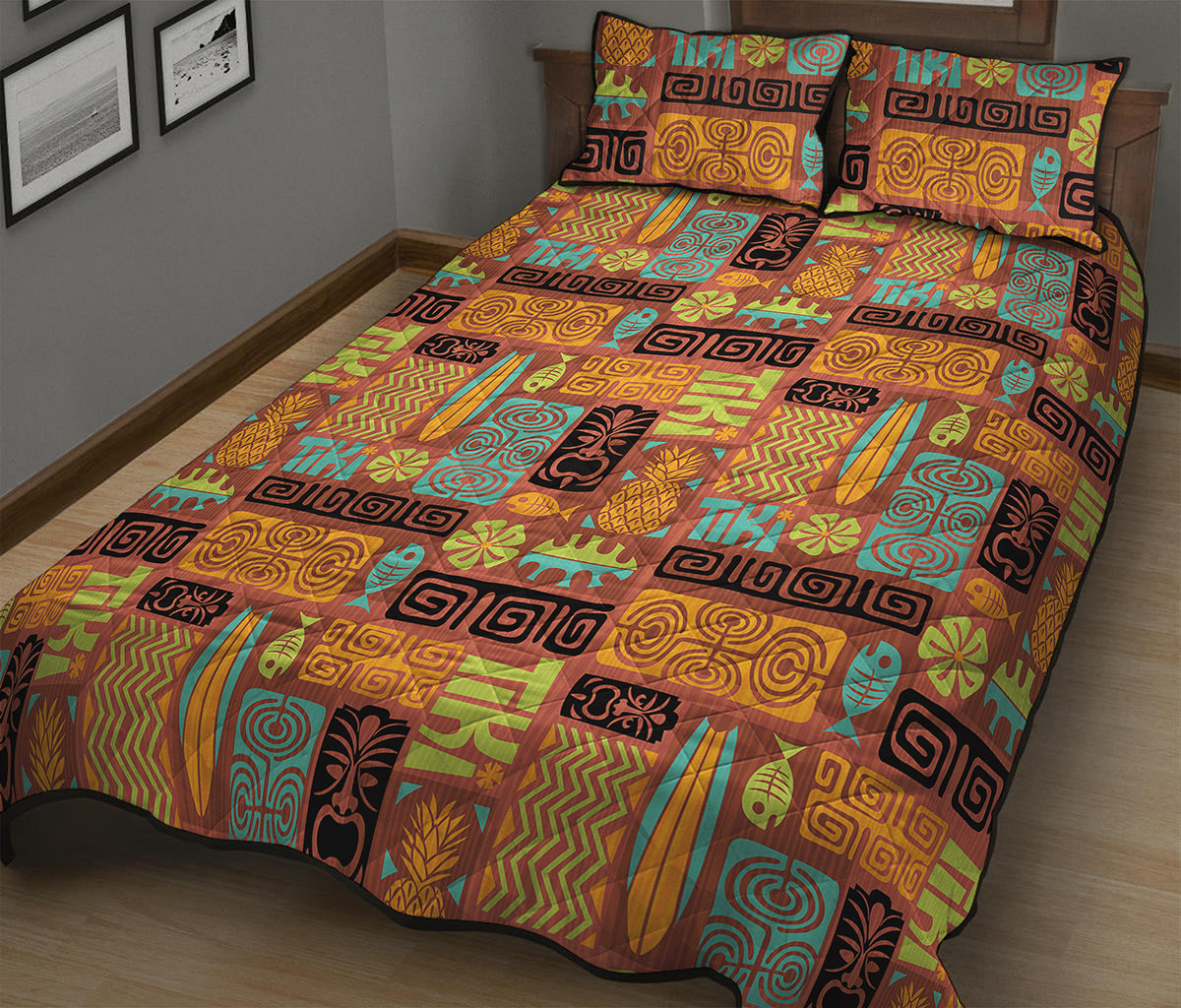 Ethnic Tiki Pattern Print Quilt Bed Set