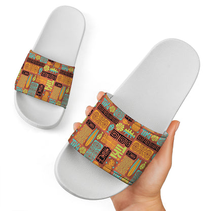 Ethnic Tiki Pattern Print White Slide Sandals