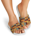 Ethnic Tiki Pattern Print White Slide Sandals