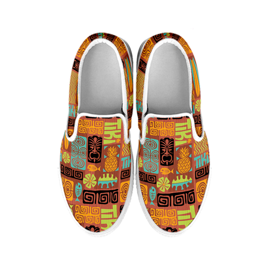 Ethnic Tiki Pattern Print White Slip On Shoes