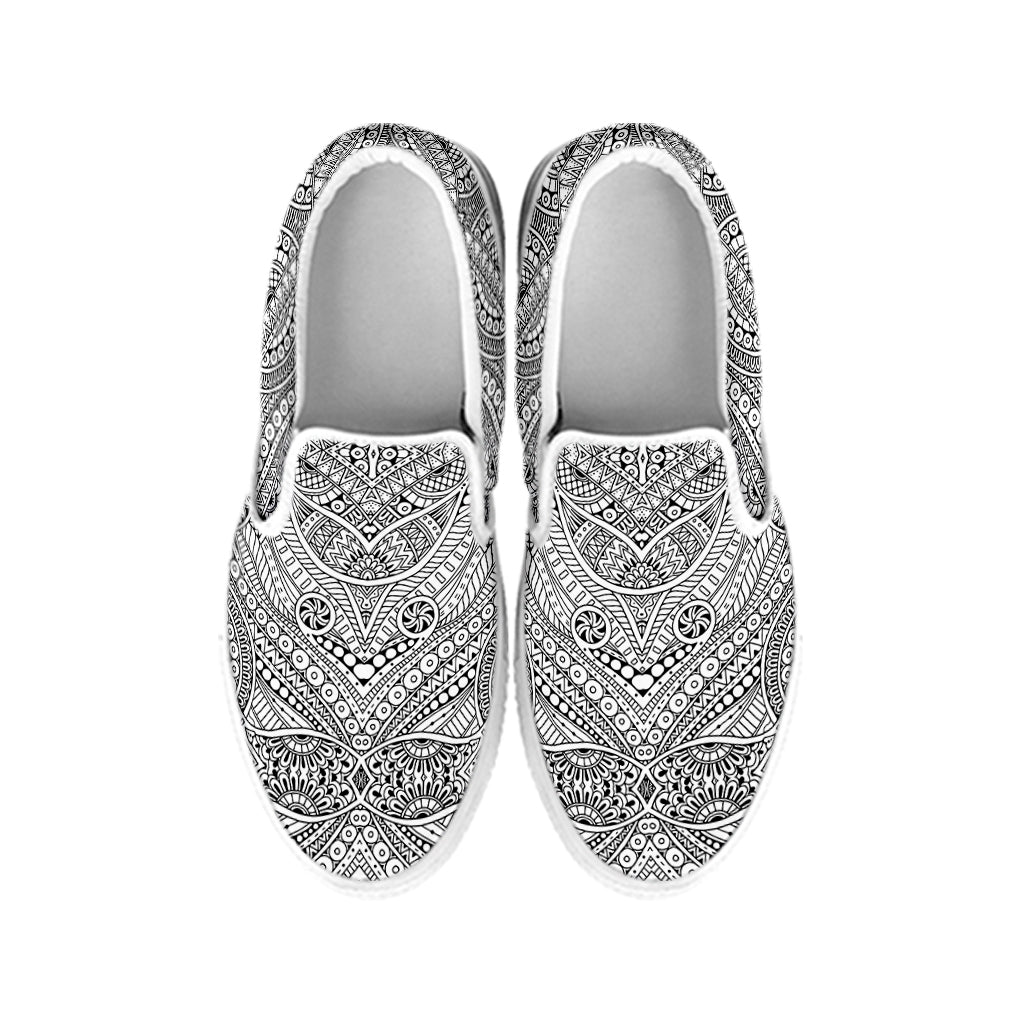 Ethnic Zentangle Pattern Print White Slip On Shoes