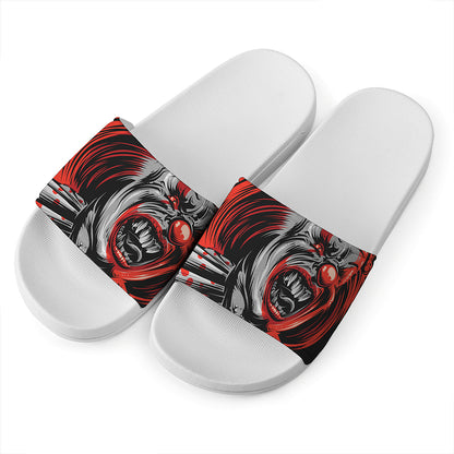 Evil Clown Print White Slide Sandals