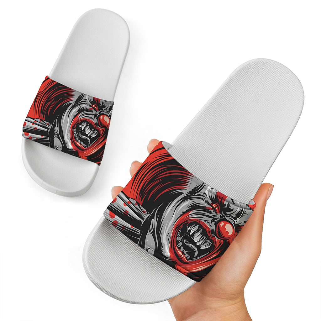 Evil Clown Print White Slide Sandals