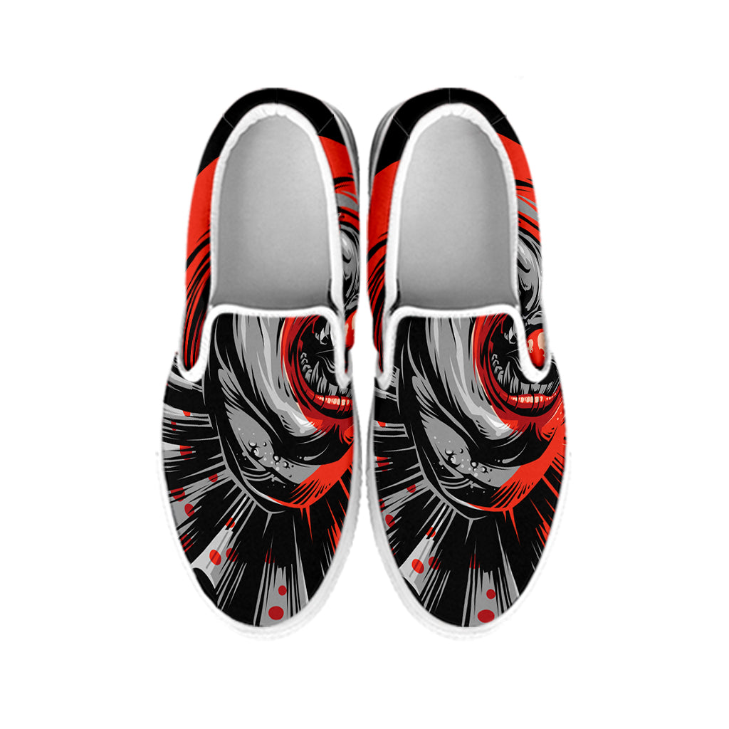 Evil Clown Print White Slip On Shoes