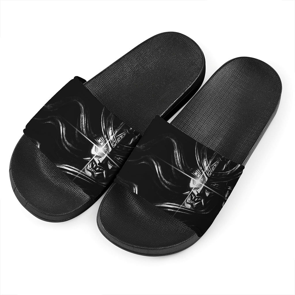 Evil Samurai Mask Print Black Slide Sandals
