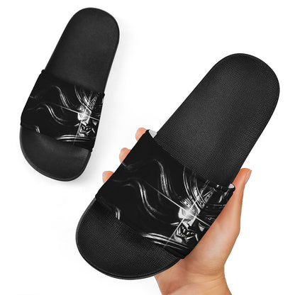Evil Samurai Mask Print Black Slide Sandals