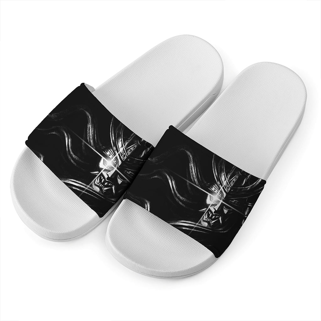 Evil Samurai Mask Print White Slide Sandals