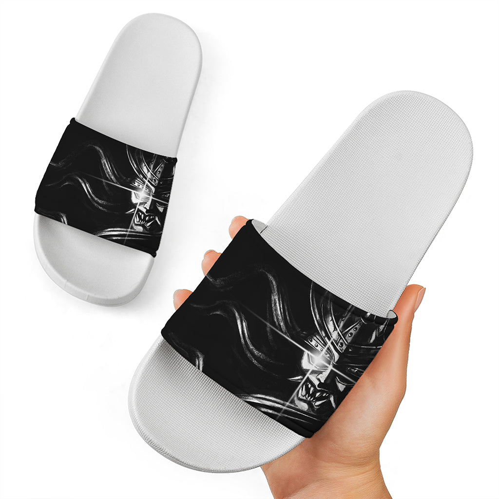 Evil Samurai Mask Print White Slide Sandals