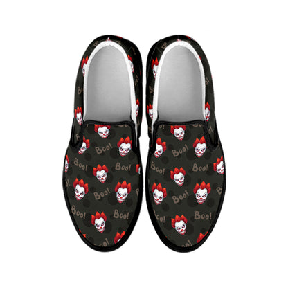 Evil Scary Clown Pattern Print Black Slip On Shoes