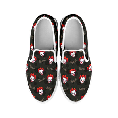 Evil Scary Clown Pattern Print White Slip On Shoes