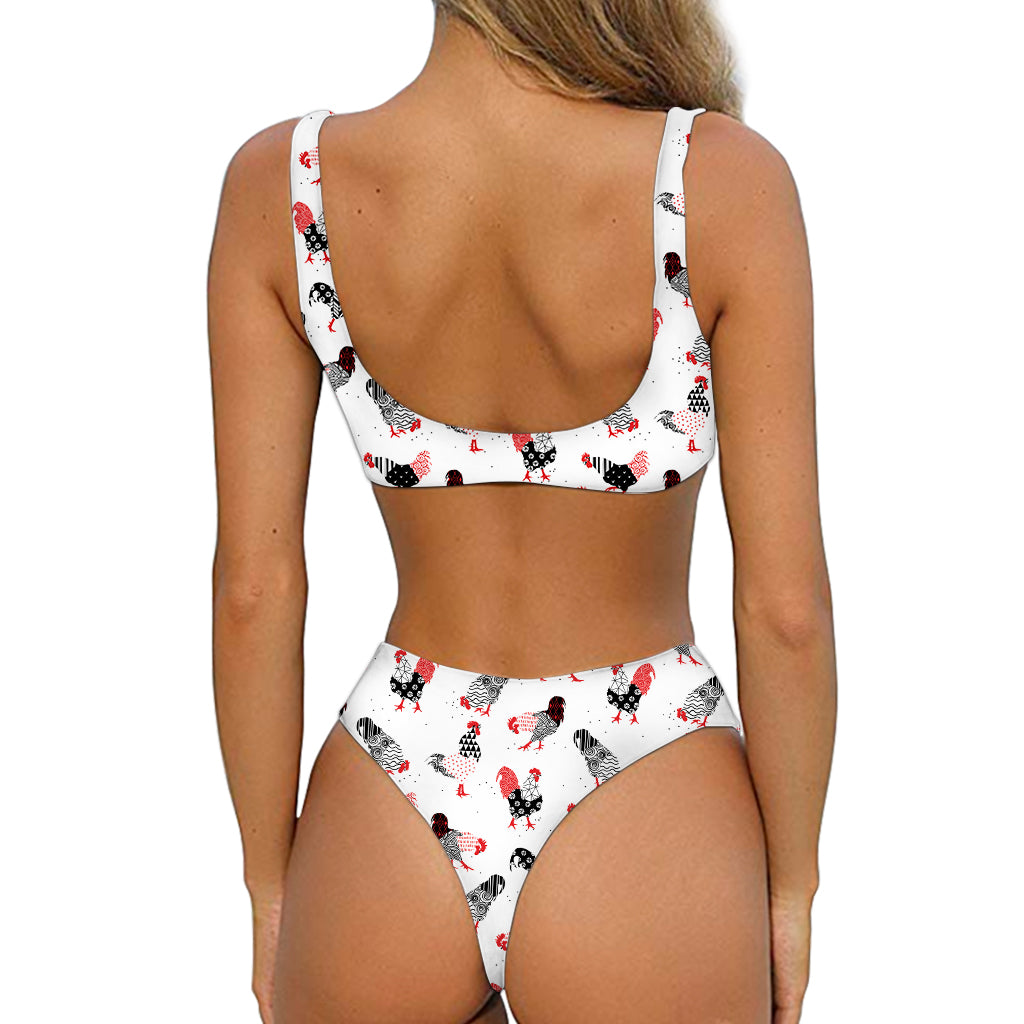 Exotic Chicken Pattern Print Front Bow Tie Bikini