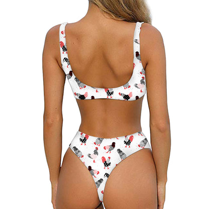 Exotic Chicken Pattern Print Front Bow Tie Bikini