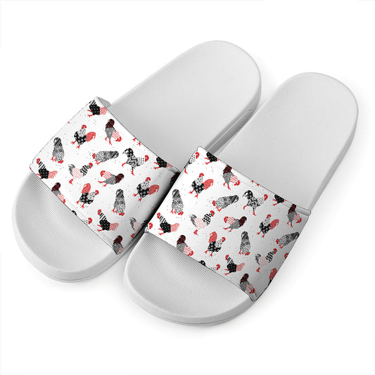 Exotic Chicken Pattern Print White Slide Sandals