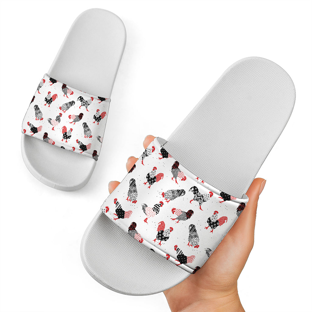 Exotic Chicken Pattern Print White Slide Sandals