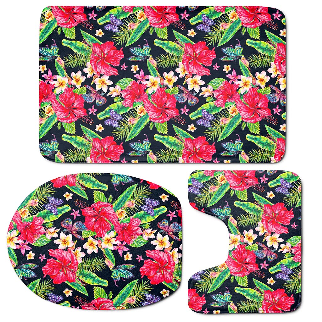 Exotic Hibiscus Flowers Pattern Print 3 Piece Bath Mat Set