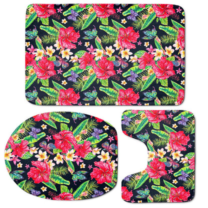 Exotic Hibiscus Flowers Pattern Print 3 Piece Bath Mat Set