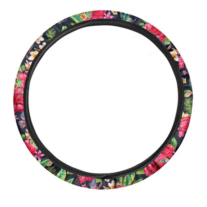 Exotic Hibiscus Flowers Pattern Print Car Steering Wheel Cover