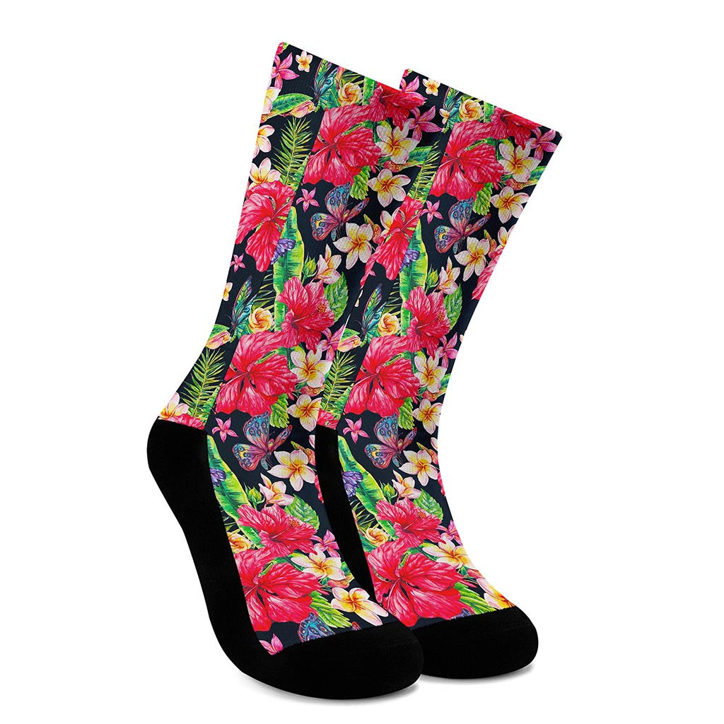 Exotic Hibiscus Flowers Pattern Print Crew Socks