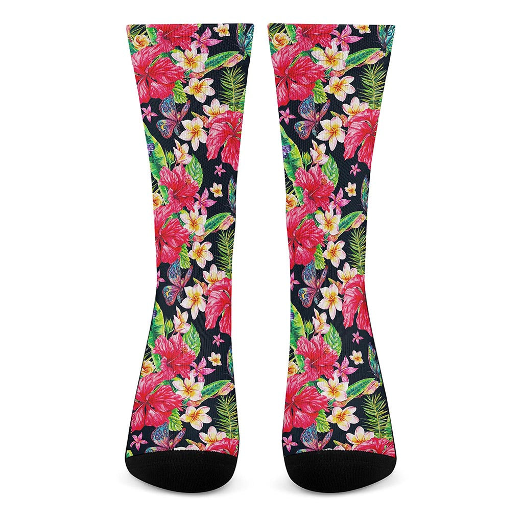 Exotic Hibiscus Flowers Pattern Print Crew Socks